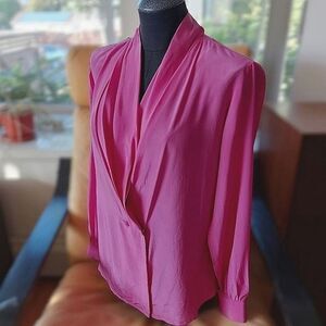 Vtg fuschia silk faux wrap shawl collar blouse
